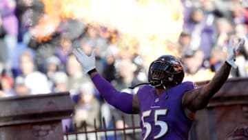 BALTIMORE, MD - OCTOBER 21: Linebacker Terrell Suggs #55 of the Baltimore Ravens takes the field prior to the game against the New Orleans Saints at M&T Bank Stadium on October 21, 2018 in Baltimore, Maryland. (Photo by Todd Olszewski/Getty Images)