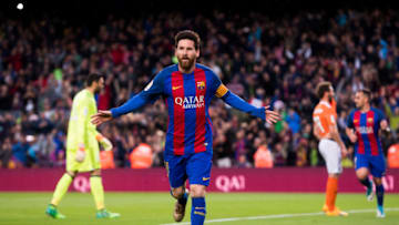 BARCELONA, SPAIN - APRIL 26: Lionel Messi of FC Barcelona celebrates after scoring the opening goal during the La Liga match between FC Barcelona and CA Osasuna at Camp Nou stadium on April 26, 2017 in Barcelona, Spain. (Photo by Alex Caparros/Getty Images)