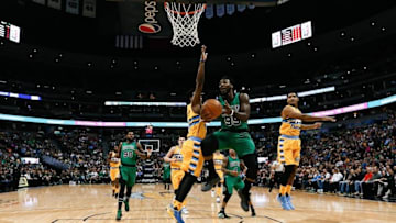Feb 21, 2016; Denver, CO, USA; Boston Celtics forward Jae Crowder (99) drives to the net against Denver Nuggets guard Emmanuel Mudiay (0) in the first quarter at the Pepsi Center. The Celtics defeated the Nuggets 121-101. Mandatory Credit: Isaiah J. Downing-USA TODAY Sports