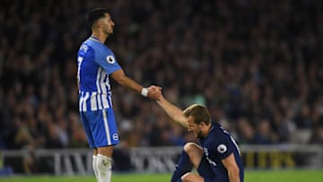 BRIGHTON, ENGLAND - APRIL 17: Beram Kayal of Brighton & Hove Albion helps Harry Kane of Tottenham Hotspur to his feet during the Premier League match between Brighton and Hove Albion and Tottenham Hotspur at Amex Stadium on April 17, 2018 in Brighton, England. (Photo by Mike Hewitt/Getty Images)