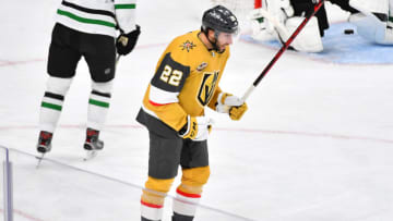 Dec 8, 2021; Las Vegas, Nevada, USA; Vegas Golden Knights center Michael Amadio (22) celebrates after scoring a third period goal against the Dallas Stars at T-Mobile Arena. Mandatory Credit: Stephen R. Sylvanie-USA TODAY Sports