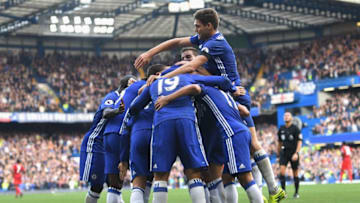 LONDON, ENGLAND - OCTOBER 15: Eden Hazard of Chelsea celebrates scoring his sides second goal with his Chelsea team mates during the Premier League match between Chelsea and Leicester City at Stamford Bridge on October 15, 2016 in London, England. (Photo by Shaun Botterill/Getty Images)