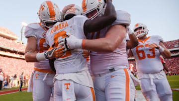 Oct 1, 2016; Athens, GA, USA; Tennessee Volunteers running back Alvin Kamara (6) reacts with team mates after scoring a touchdown against the Georgia Bulldogs during the second half at Sanford Stadium. Tennessee defeated Georgia 34-31. Mandatory Credit: Dale Zanine-USA TODAY Sports