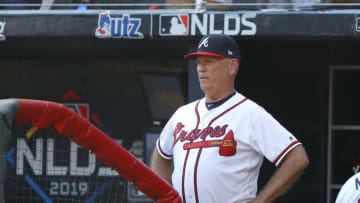 ATLANTA, GEORGIA - OCTOBER 03: Brian Snitker #43 of the Atlanta Braves looks on against the St. Louis Cardinals during the first inning in game one of the National League Division Series at SunTrust Park on October 03, 2019 in Atlanta, Georgia. (Photo by Kevin C. Cox/Getty Images)