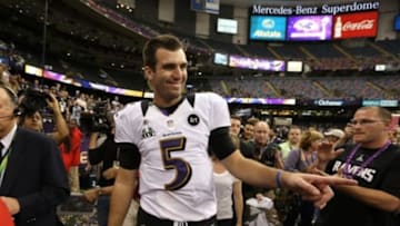 Baltimore Ravens quarterback Joe Flacco (5) celebrates after defeating the San Francisco 49ers 34-31 in Super Bowl XLVII at the Mercedes-Benz Superdome.Mandatory Credit: Matthew Emmons-USA TODAY Sports