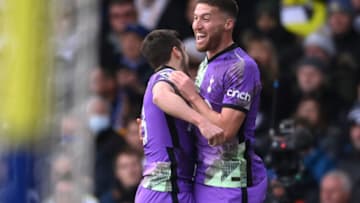 LEEDS, ENGLAND - FEBRUARY 26: Matt Doherty of Tottenham Hotspur celebrates after scoring their side's first goal with Harry Winks during the Premier League match between Leeds United and Tottenham Hotspur at Elland Road on February 26, 2022 in Leeds, England. (Photo by Laurence Griffiths/Getty Images)