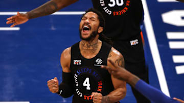 May 26, 2021; New York, New York, USA; New York Knicks guard Derrick Rose (4) reacts against the Atlanta Hawks during the second half of game two of the Eastern Conference quarterfinal at Madison Square Garden. Mandatory Credit: Elsa/POOL PHOTOS-USA TODAY Sports