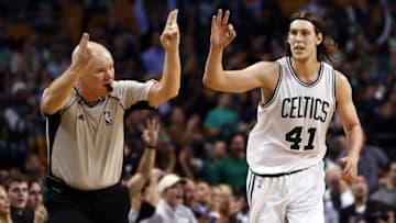 Nov 6, 2015; Boston, MA, USA; Boston Celtics center Kelly Olynyk (41) celebrates a three-point basket against the Washington Wizards during the first half at TD Garden. Mandatory Credit: Mark L. Baer-USA TODAY Sports