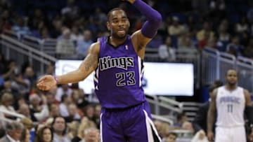 Dec 21, 2013; Orlando, FL, USA;Sacramento Kings shooting guard Marcus Thornton (23) reacts after he made a three pointer against the Orlando Magic during the second half at Amway Center. Sacramento Kings defeated the Orlando Magic 105-100. Mandatory Credit: Kim Klement-USA TODAY Sports