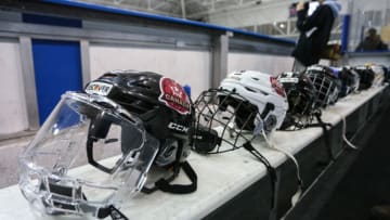 TORONTO, CANADA - JANUARY 29: Team Canada helmets during the Premier Hockey Federation 2023 All-Star Show Case at Mattamy Athletic Centre on January 29, 2023 in Toronto, Ontario, Canada. (Photo by Chris Tanouye/Getty Images)