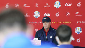 KOHLER, WISCONSIN - SEPTEMBER 08: U.S. Ryder Cup captain Steve Stricker speaks during the 43rd Ryder Cup Captain's Picks Press Conference at Whistling Straits on September 08, 2021 in Kohler, Wisconsin. Stricker announced Tony Finau, Xander Schauffele, Jordan Spieth, Harris English, Daniel Berger and Scottie Scheffler as his captain's picks. (Photo by Patrick McDermott/Getty Images)