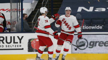 Mar 25, 2021; Columbus, Ohio, USA; Carolina Hurricanes center Martin Necas (88) celebrates a goal against the Columbus Blue Jackets during the second period at Nationwide Arena. Mandatory Credit: Russell LaBounty-USA TODAY Sports