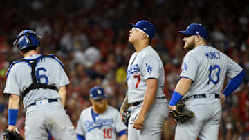 WASHINGTON, DC - OCTOBER 07: Julio Urias #7 of the Los Angeles Dodgers waits to be pulled in the fifth inning against the Washington Nationals in game four of the National League Division Series at Nationals Park on October 07, 2019 in Washington, DC. (Photo by Will Newton/Getty Images)