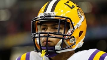 Dec 3, 2011; Atlanta, GA, USA; LSU Tigers cornerback Tyrann Mathieu (7) prior to kickoff of a game against the Georgia Bulldogs during the 2011 SEC championship game at the Georgia Dome. Mandatory Credit: Derick E. Hingle-USA TODAY Sports
