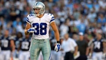 Aug 7, 2014; San Diego, CA, USA; Dallas Cowboys strong safety Jeff Heath (38) during the first quarter against the San Diego Chargers at Qualcomm Stadium. Mandatory Credit: Jake Roth-USA TODAY Sports
