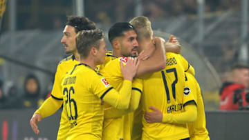 DORTMUND, GERMANY - FEBRUARY 14: (BILD ZEITUNG OUT) Erling Braut Haaland of Borussia Dortmund celebrates after scoring his teams third goal with team mates during the Bundesliga match between Borussia Dortmund and Eintracht Frankfurt at Signal Iduna Park on February 14, 2020 in Dortmund, Germany. (Photo by Ralf Treese/DeFodi Images via Getty Images)