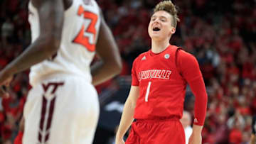 LOUISVILLE, KENTUCKY - MARCH 01: Keith Oddo #1 of the Louisville Cardinals celebrates after making a basket against the Virginia Tech Hokies at KFC YUM! Center on March 01, 2020 in Louisville, Kentucky. (Photo by Andy Lyons/Getty Images)