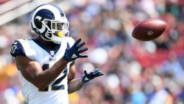 LOS ANGELES, CA - AUGUST 25: John Kelly of the Los Angeles Rams makes a catch during a preseason game against the Houston Texans at Los Angeles Memorial Coliseum on August 25, 2018 in Los Angeles, California. (Photo by Harry How/Getty Images)
