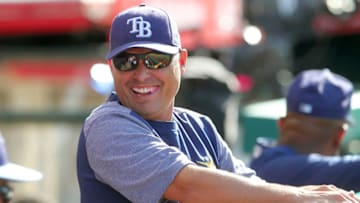 ANAHEIM, CA - MAY 17: Rays Manager Kevin Cash is all smiles before the major league baseball game between the Tampa Bay Rays and the Los Angeles Angels on May 17, 2018 at Angel Stadium of Anaheim in Anaheim, California. (Photo by Cliff Welch/Icon Sportswire via Getty Images)