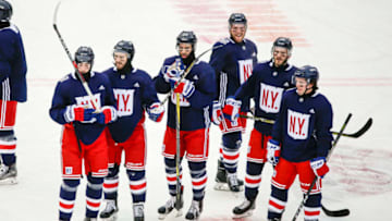 FLUSHING, NY - DECEMBER 31: Rangers players look on during practice for the the New York Rangers and Buffalo Sabres Winter Classic NHL game on December 31, 2017, at Citi Field in Flushing, NY. (Photo by John Crouch/Icon Sportswire via Getty Images)