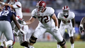 OXFORD, MS - SEPTEMBER 15: Richie Petitbon #72 of the Alabama Crimson Tide guards during a game against the Mississippi Rebels at Vaught-Hemingway Stadium on September 15, 2018 in Oxford, Mississippi. (Photo by Jonathan Bachman/Getty Images)