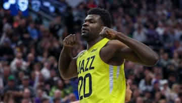 Mar 20, 2023; Salt Lake City, Utah, USA; Utah Jazz center Udoka Azubuike (20) reacts to a play against the Sacramento Kings in the fourth quarter at Vivint Arena. Mandatory Credit: Rob Gray-USA TODAY Sports