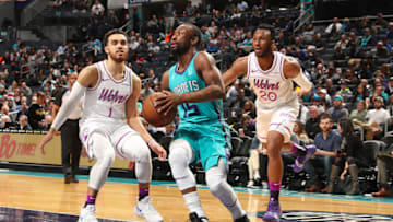 CHARLOTTE, NC - MARCH 21: Kemba Walker #15 of the Charlotte Hornets handles the ball during the game against Dario Saric #36 of the Minnesota Timberwolves. Copyright 2019 NBAE (Photo by Brock Williams-Smith/NBAE via Getty Images)