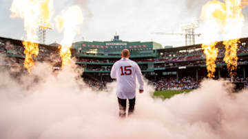 BOSTON, MA - JUNE 25: Former Boston Red Sox second baseman Dustin Pedroia #15 is introduced during a pre-game ceremony in recognition of his retirement before a game against the New York Yankees on June 25, 2021 at Fenway Park in Boston, Massachusetts. (Photo by Billie Weiss/Boston Red Sox/Getty Images)
