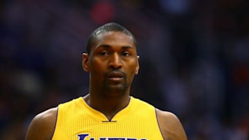Mar 23, 2016; Phoenix, AZ, USA; Los Angeles Lakers forward Metta World Peace (37) against the Phoenix Suns at Talking Stick Resort Arena. The Suns defeated the Lakers 119-107. Mandatory Credit: Mark J. Rebilas-USA TODAY Sports