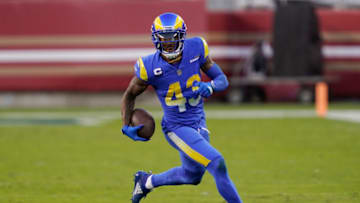 SANTA CLARA, CALIFORNIA - OCTOBER 18: John Johnson III of the Los Angeles Rams returns a fumble against the San Francisco 49ers during the first quarter of their NFL football game at Levi's Stadium on October 18, 2020 in Santa Clara, California. (Photo by Thearon W. Henderson/Getty Images)