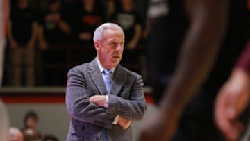 BLACKSBURG, VA - JANUARY 22: North Carolina Tar Heels head coach Roy Williams reacts during the game against the Virginia Tech Hokies at Cassell Coliseum on January 22, 2018 in Blacksburg, Virginia. (Photo by Lauren Rakes/Getty Images)