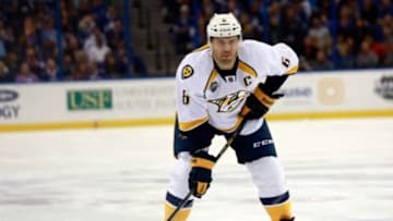 Feb 12, 2016; Tampa, FL, USA; Nashville Predators defenseman Shea Weber (6) against the Tampa Bay Lightning during the first period at Amalie Arena. Mandatory Credit: Kim Klement-USA TODAY Sports