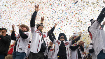 ATLANTA, GA - NOVEMBER 05: Members of the Atlanta Braves celebrate following their World Series Parade at Truist Park on November 5, 2021 in Atlanta, Georgia. The Atlanta Braves won the World Series in six games against the Houston Astros winning their first championship since 1995. (Photo by Megan Varner/Getty Images)