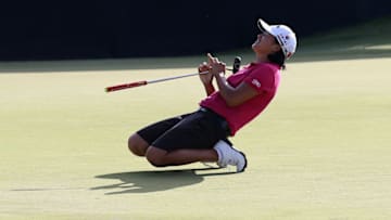 PRATTVILLE, AL - AUGUST 30: Yani Tseng of Taiwan reacts after missing a birdie putt attempt on the 18th green during the final round of the Yokohama Tire LPGA Classic at the Robert Trent Jones Golf Trail at Capitol Hill on August 30, 2015 in Prattville, United States. (Photo by Todd Warshaw/Getty Images)
