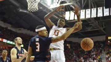 Mar 3, 2016; College Park, MD, USA; Illinois Fighting Illini guard Khalid Lewis (3) strips the ball away from Maryland Terrapins center Diamond Stone (33) during the second half at Xfinity Center. Maryland Terrapins defeated Illinois Fighting Illini 81-55. Mandatory Credit: Tommy Gilligan-USA TODAY Sports