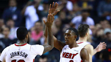 MEXICO CITY, MEXICO - DECEMBER 09: James Johnson of Miami Heat celebrates with teammate Josh Richardson during the NBA game between the Brooklyn Nets and Miami Heat at Arena Ciudad de Mexico on December 9, 2017 in Mexico City, Mexico. (Photo by Hector Vivas/Getty Images)