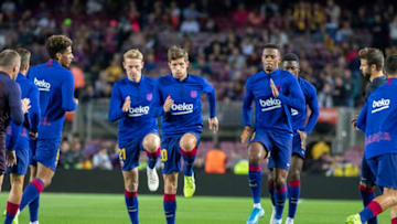 BARCELONA, SPAIN - October 6: Sergi Roberto #20 of Barcelona and Nelson Semedo #2 of Barcelona during team warm up before the Barcelona V Sevilla, La Liga regular season match at Estadio Camp Nou on October 6th 2019 in Barcelona, Spain. (Photo by Tim Clayton/Corbis via Getty Images)