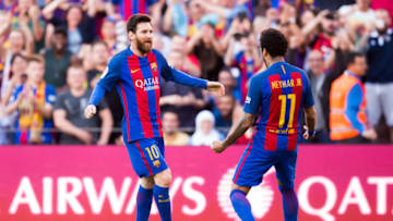 BARCELONA, SPAIN - MAY 06: Lionel Messi of FC Barcelona celebrates with his teammate Neymar Santos Jr after scoring his team's second goal during the La Liga match between FC Barcelona and Villarreal CF at Camp Nou stadium on May 6, 2017 in Barcelona, Spain. (Photo by Alex Caparros/Getty Images)