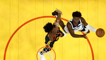 SAN FRANCISCO, CALIFORNIA - JANUARY 27: Anthony Edwards #1 of the Minnesota Timberwolves goes up for a shot on James Wiseman #33 of the Golden State Warriors at Chase Center on January 27, 2021 in San Francisco, California. NOTE TO USER: User expressly acknowledges and agrees that, by downloading and or using this photograph, User is consenting to the terms and conditions of the Getty Images License Agreement. (Photo by Ezra Shaw/Getty Images)
