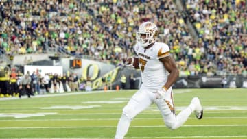Oct 29, 2016; Eugene, OR, USA; Arizona State Sun Devils running back Kalen Ballage (7) runs the ball against the Oregon Ducks during third quarter at Autzen Stadium. Mandatory Credit: Cole Elsasser-USA TODAY Sports