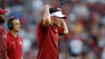 LOS ANGELES, CALIFORNIA - SEPTEMBER 14: Head coach Lincoln Riley of the Oklahoma Sooners looks on during the first half of a game against the UCLA Bruins on at the Rose Bowl on September 14, 2019 in Los Angeles, California. (Photo by Sean M. Haffey/Getty Images)