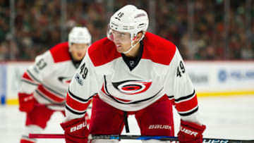 ST. PAUL, MN - APRIL 04: Carolina Hurricanes center Victor Rask (49) prepares for the faceoff in the 3rd period during the game between the Carolina Hurricanes and the Minnesota Wild on April 4, 2017 at Xcel Energy Center in St. Paul, Minnesota. The Wild defeated the Hurricanes 5-3. (Photo by David Berding/Icon Sportswire via Getty Images)