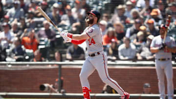 SAN FRANCISCO, CA - APRIL 25: Bryce Harper #34 of the Washington Nationals bats against the San Francisco Giants at AT&T Park on April 25, 2018 in San Francisco, California. (Photo by Ezra Shaw/Getty Images)