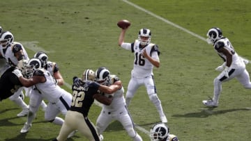 LOS ANGELES, CALIFORNIA - SEPTEMBER 15: Quarterback Jared Goff #16 of the Los Angeles Rams looks to pass in the second quarter against the New Orleans Saints at Los Angeles Memorial Coliseum on September 15, 2019 in Los Angeles, California. (Photo by Meg Oliphant/Getty Images)