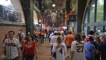 Nov 2, 2021; Houston, Texas, USA; Baseball fans make their way through the concourse before game six of the 2021 World Series between the Houston Astros and the Atlanta Braves at Minute Maid Park. Mandatory Credit: Jerome Miron-USA TODAY Sports