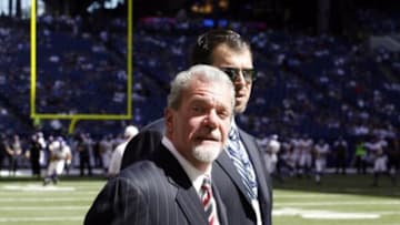 Sep 16, 2012; Indianapolis, IN, USA; Indianapolis Colts owner Jim Irsay and general manager Ryan Grigson stand on the sidelines before the game against the Minnesota Vikings at Lucas Oil Stadium. Indianapolis defeats Minnesota 23-20. Mandatory Credit: Brian Spurlock-USA TODAY Sports
