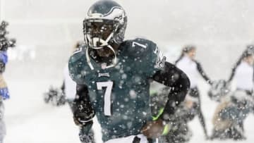 Dec 8, 2013; Philadelphia, PA, USA; Philadelphia Eagles quarterback Michael Vick (7) runs onto the field prior to the game against the Detroit Lions at Lincoln Financial Field. The Eagles defeated the Lions 34-20. Mandatory Credit: Howard Smith-USA TODAY Sports