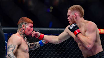 Jan 22, 2022; Anaheim, California, USA; Jack Della Maddalena (red gloves) competes against Pete Rodriguez (blue gloves) during UFC 270 at Honda Center. Mandatory Credit: Gary A. Vasquez-USA TODAY Sports