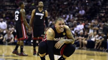 Jun 15, 2014; San Antonio, TX, USA; Miami Heat forward Michael Beasley (8) reacts on the free throw line during the fourth quarter against the San Antonio Spurs in game five of the 2014 NBA Finals at AT&T Center. Mandatory Credit: Bob Donnan-USA TODAY Sports