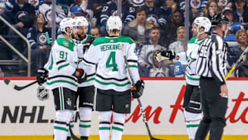 WINNIPEG, MB - MARCH 25: Tyler Seguin #91, Jamie Benn #14, Miro Heiskanen #4 and Alexander Radulov #47 of the Dallas Stars celebrate a second period goal against the Winnipeg Jets at the Bell MTS Place on March 25, 2019 in Winnipeg, Manitoba, Canada. (Photo by Jonathan Kozub/NHLI via Getty Images)